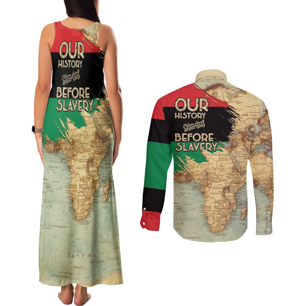Pan African Flag Day Couples Matching Tank Maxi Dress and Long Sleeve Button Shirt Our History Started Before Slavery - Wonder Print Shop