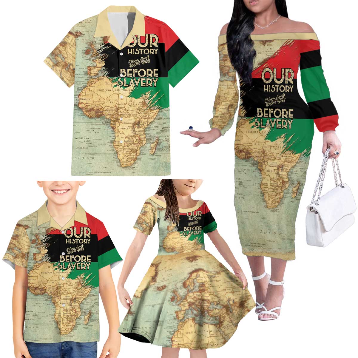 Pan African Flag Day Family Matching Off The Shoulder Long Sleeve Dress and Hawaiian Shirt Our History Started Before Slavery - Wonder Print Shop