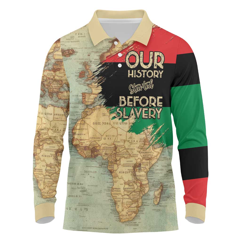 Pan African Flag Day Long Sleeve Polo Shirt Our History Started Before Slavery - Wonder Print Shop