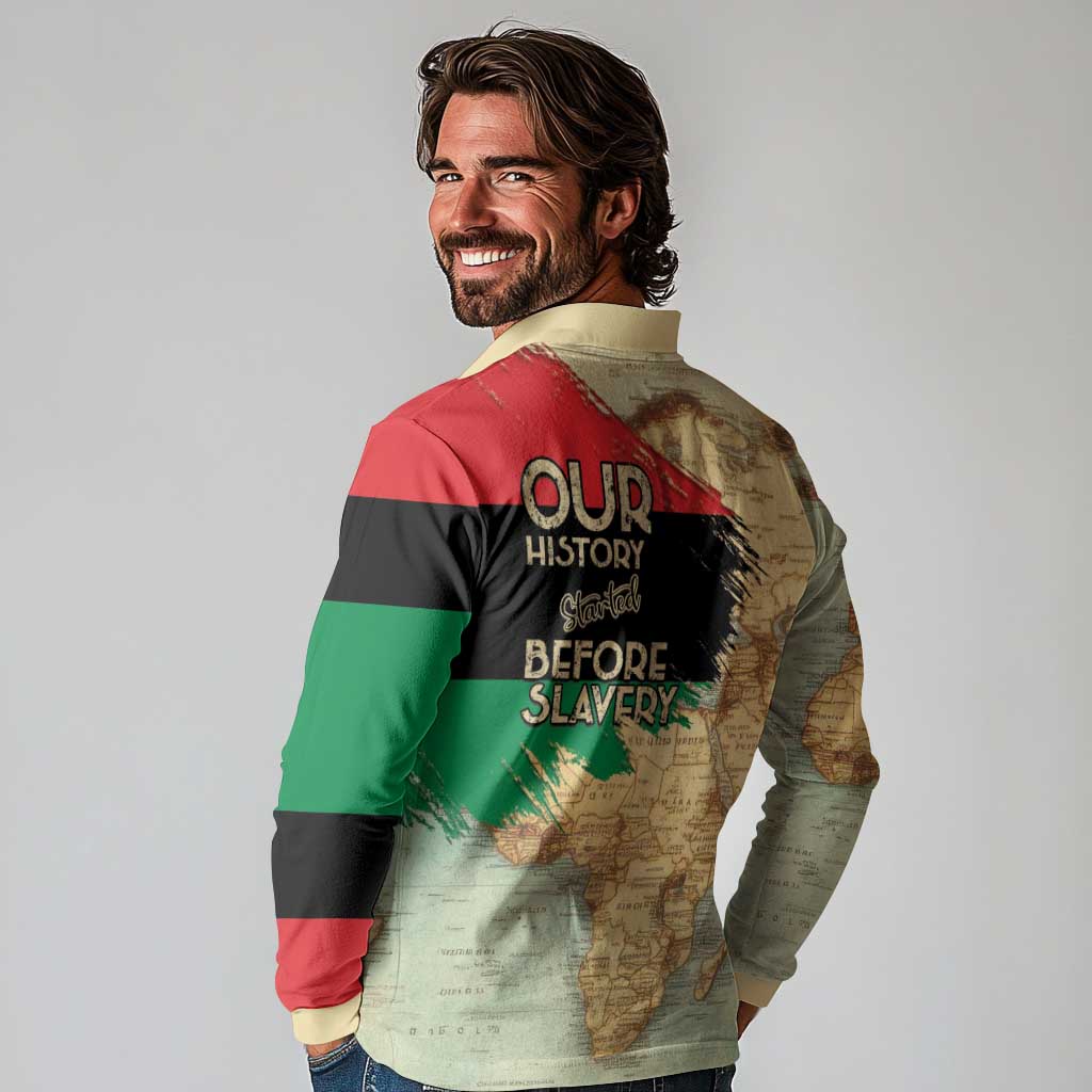 Pan African Flag Day Long Sleeve Polo Shirt Our History Started Before Slavery - Wonder Print Shop