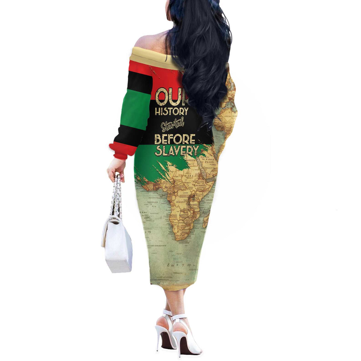 Pan African Flag Day Off The Shoulder Long Sleeve Dress Our History Started Before Slavery - Wonder Print Shop