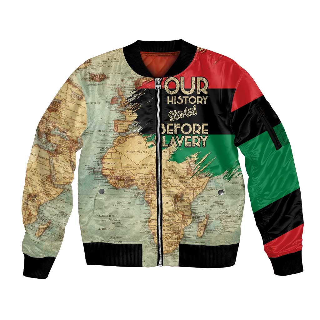 Pan African Flag Day Sleeve Zip Bomber Jacket Our History Started Before Slavery - Wonder Print Shop
