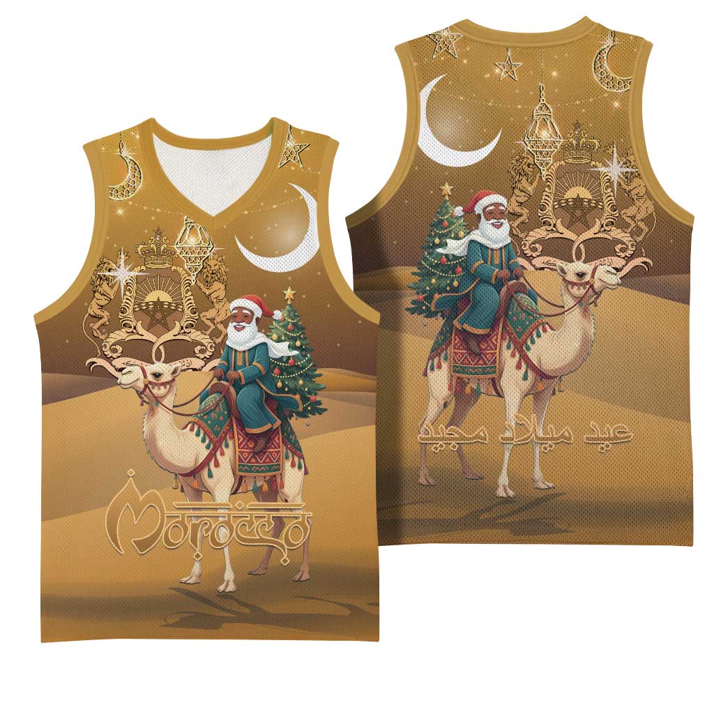 Morocco Christmas in Sahara Basketball Jersey Black Santa Riding Camel - Wonder Print Shop