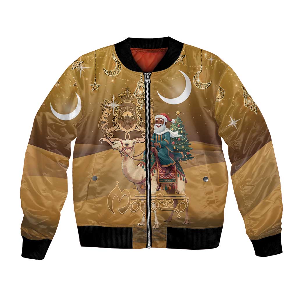 Morocco Christmas in Sahara Bomber Jacket Black Santa Riding Camel - Wonder Print Shop