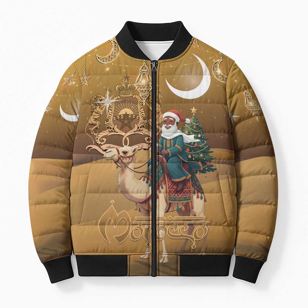 Morocco Christmas in Sahara Bomber Puffer Jacket Black Santa Riding Camel - Wonder Print Shop