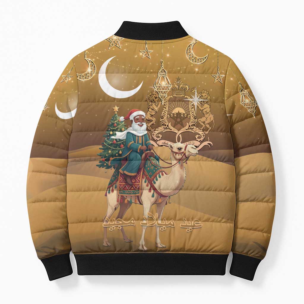 Morocco Christmas in Sahara Bomber Puffer Jacket Black Santa Riding Camel - Wonder Print Shop