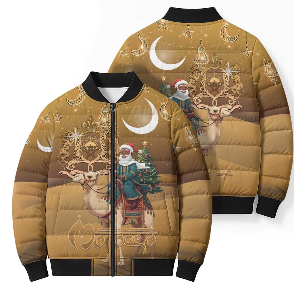 Morocco Christmas in Sahara Bomber Puffer Jacket Black Santa Riding Camel - Wonder Print Shop