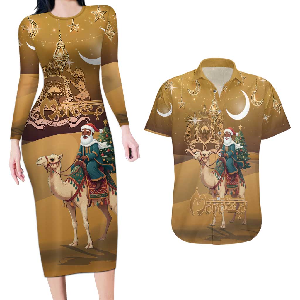 Morocco Christmas in Sahara Couples Matching Long Sleeve Bodycon Dress and Hawaiian Shirt Black Santa Riding Camel - Wonder Print Shop