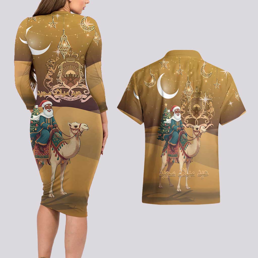 Morocco Christmas in Sahara Couples Matching Long Sleeve Bodycon Dress and Hawaiian Shirt Black Santa Riding Camel - Wonder Print Shop