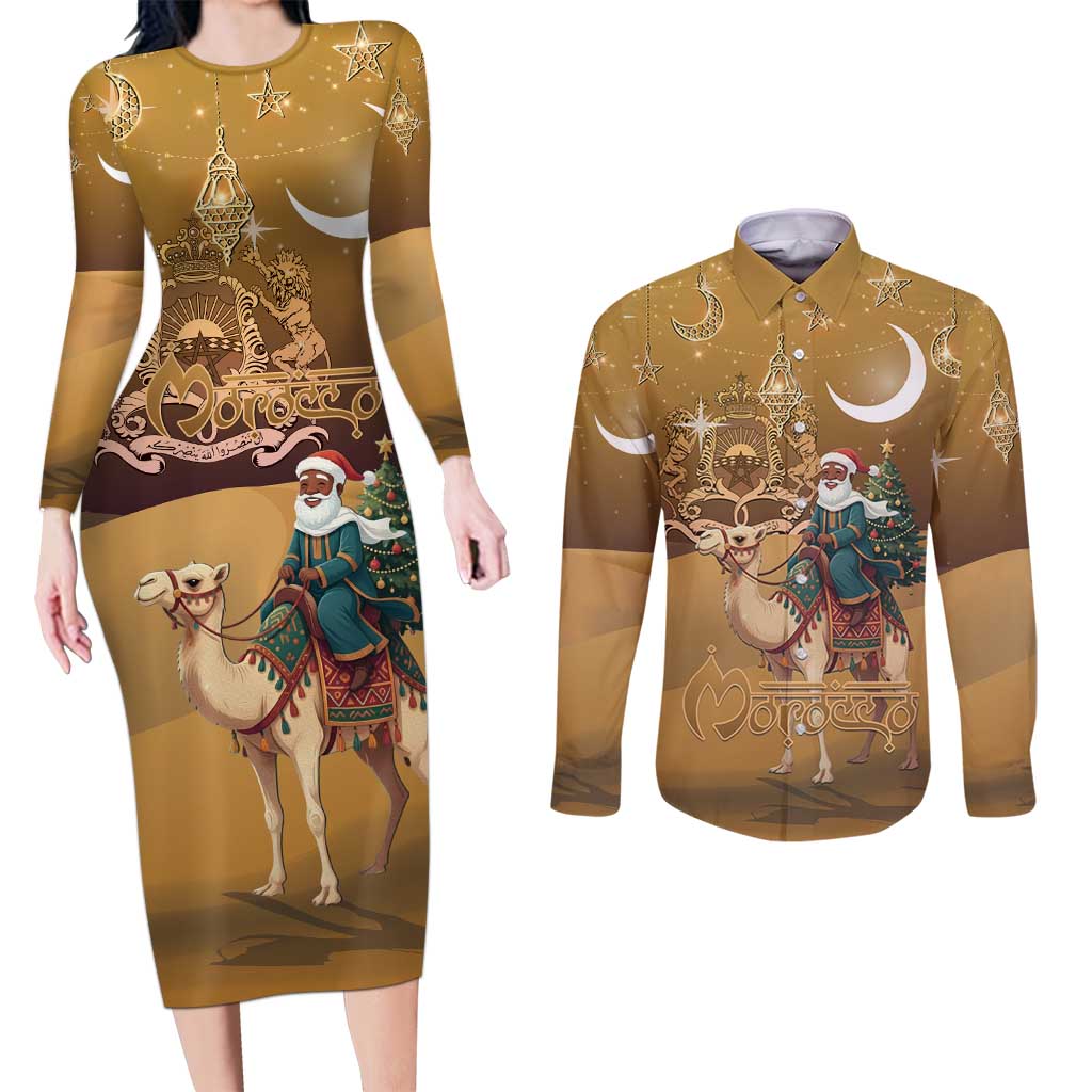 Morocco Christmas in Sahara Couples Matching Long Sleeve Bodycon Dress and Long Sleeve Button Shirt Black Santa Riding Camel - Wonder Print Shop