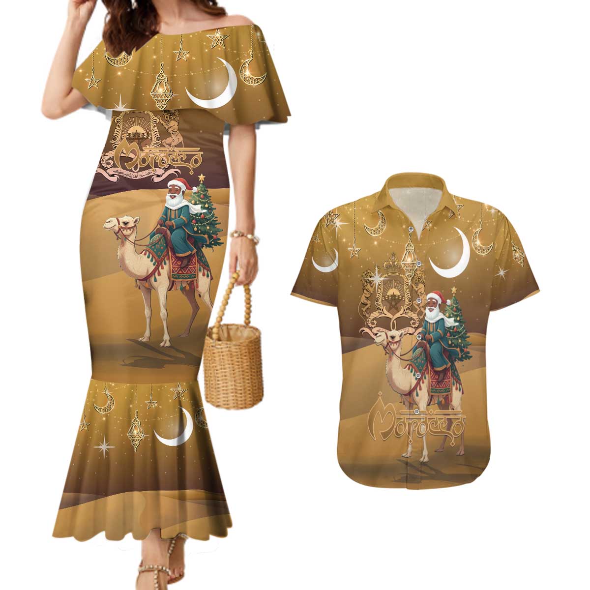 Morocco Christmas in Sahara Couples Matching Mermaid Dress and Hawaiian Shirt Black Santa Riding Camel - Wonder Print Shop