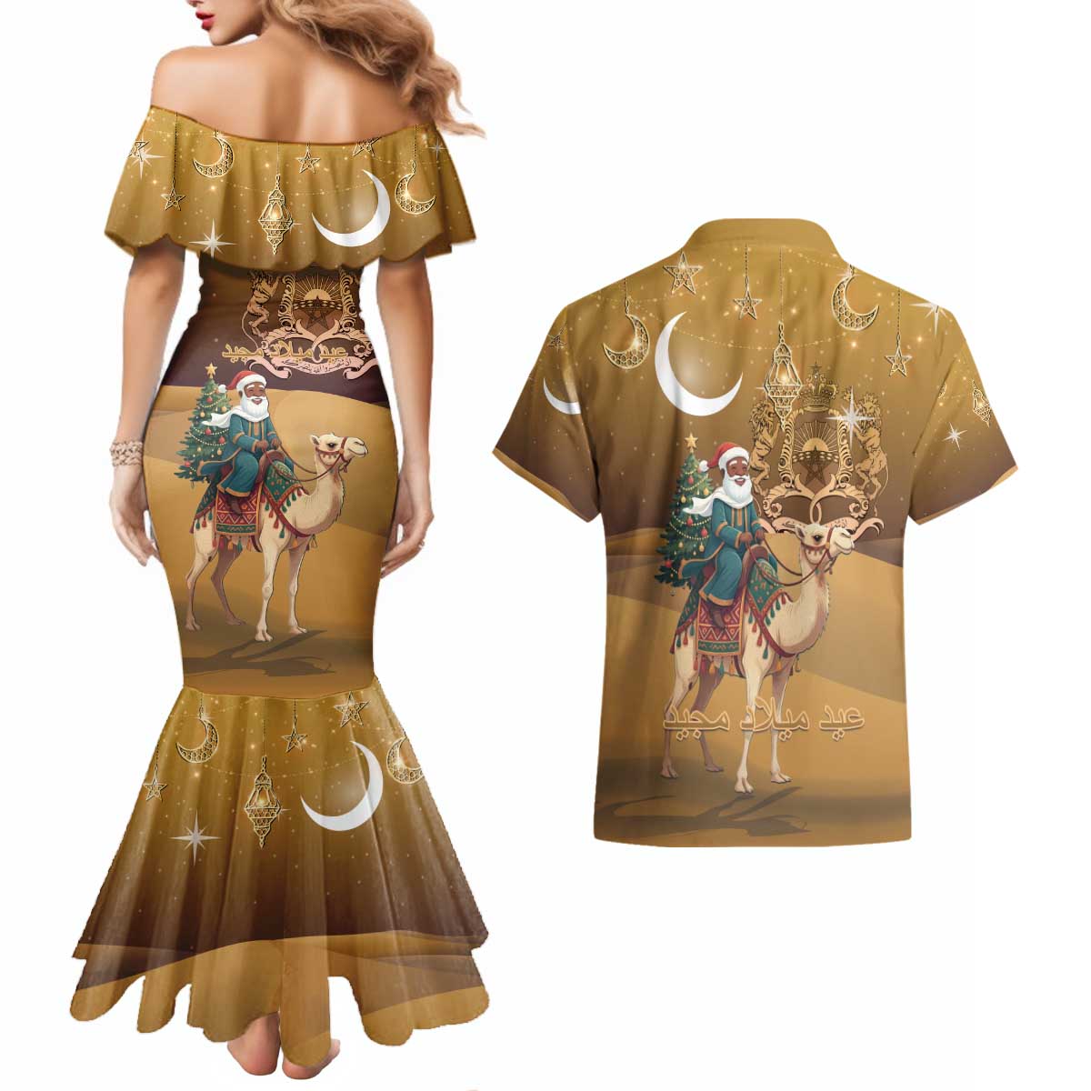 Morocco Christmas in Sahara Couples Matching Mermaid Dress and Hawaiian Shirt Black Santa Riding Camel - Wonder Print Shop