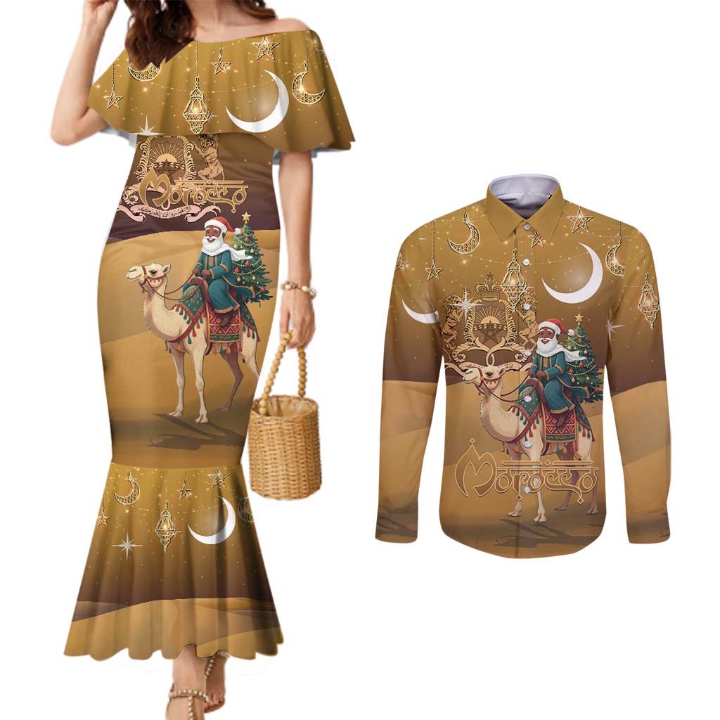 Morocco Christmas in Sahara Couples Matching Mermaid Dress and Long Sleeve Button Shirt Black Santa Riding Camel - Wonder Print Shop