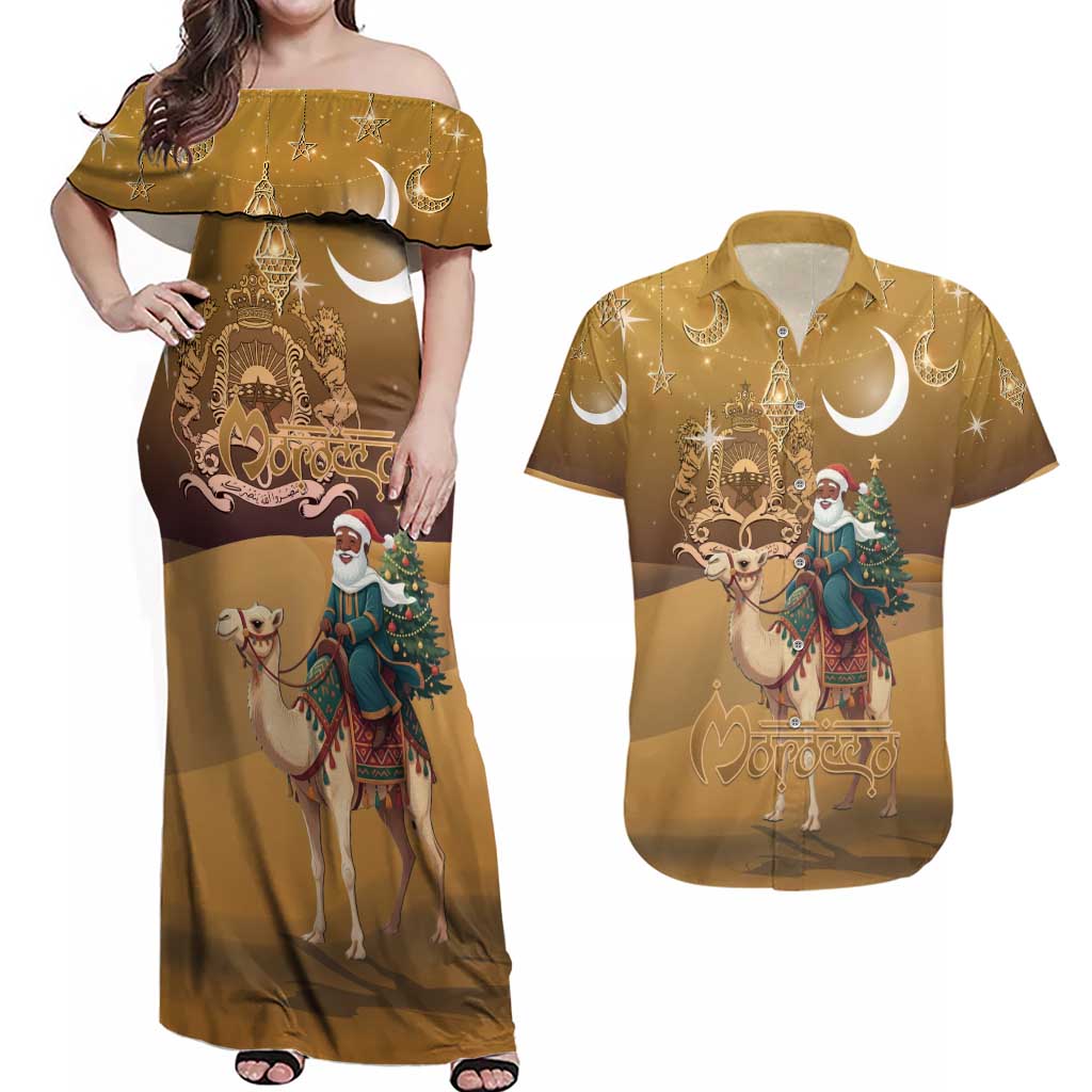 Morocco Christmas in Sahara Couples Matching Off Shoulder Maxi Dress and Hawaiian Shirt Black Santa Riding Camel - Wonder Print Shop