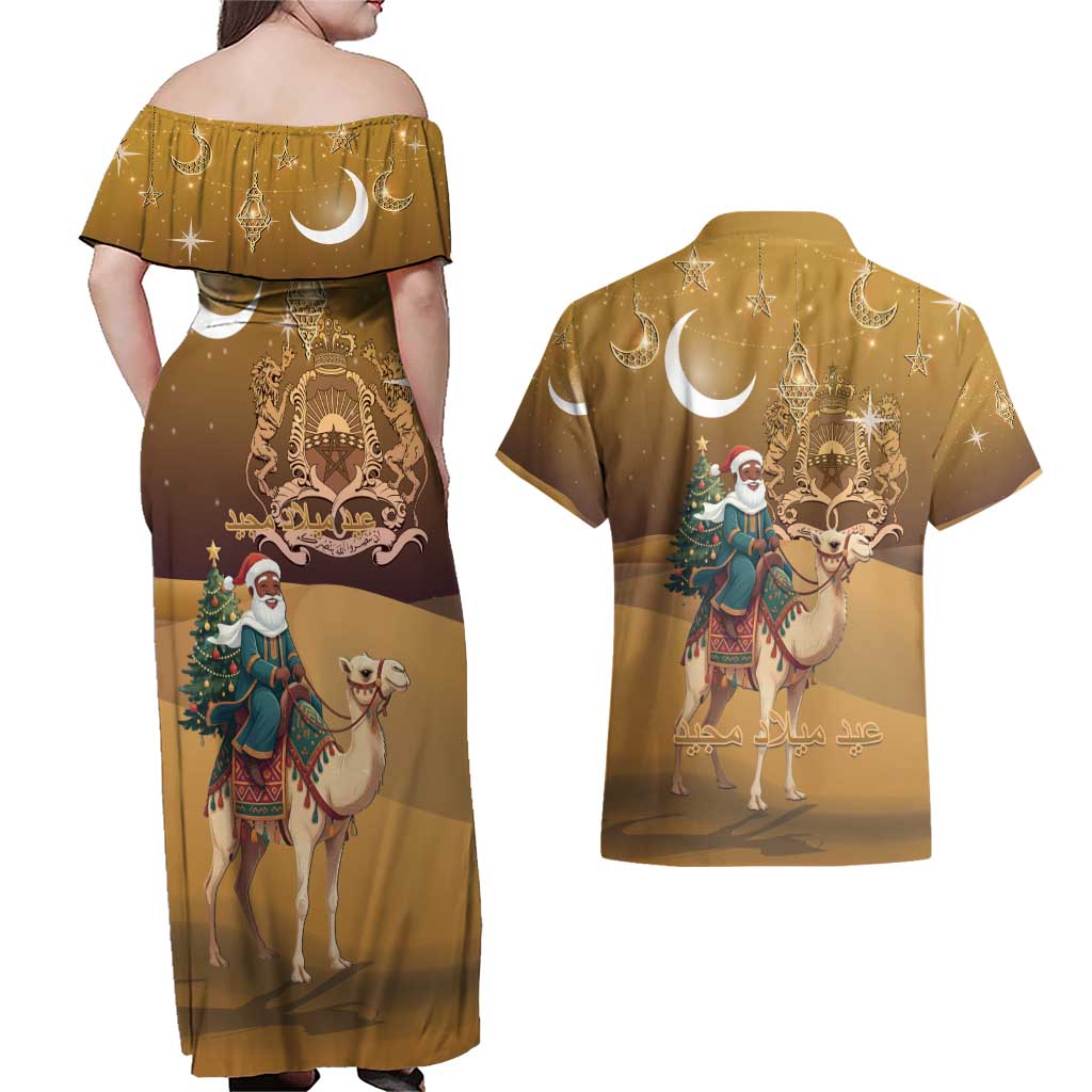 Morocco Christmas in Sahara Couples Matching Off Shoulder Maxi Dress and Hawaiian Shirt Black Santa Riding Camel - Wonder Print Shop
