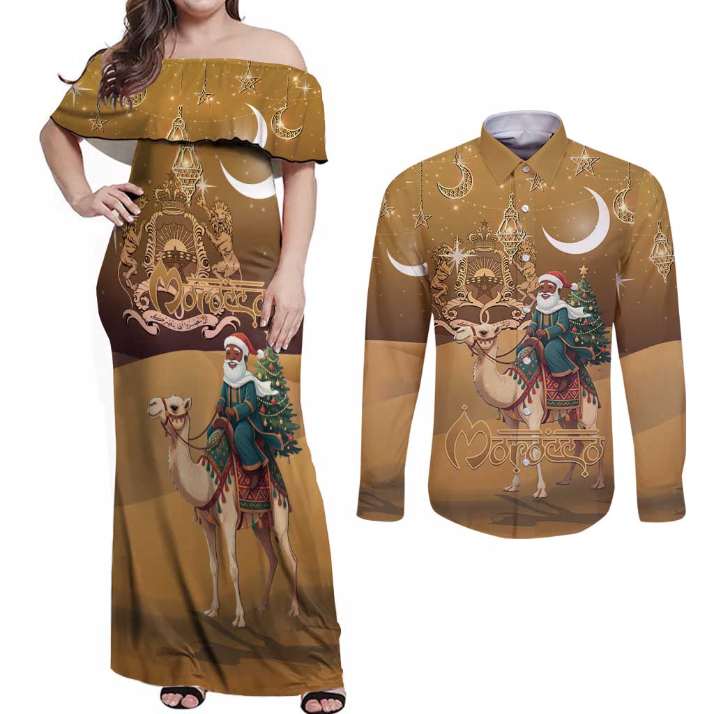 Morocco Christmas in Sahara Couples Matching Off Shoulder Maxi Dress and Long Sleeve Button Shirt Black Santa Riding Camel - Wonder Print Shop