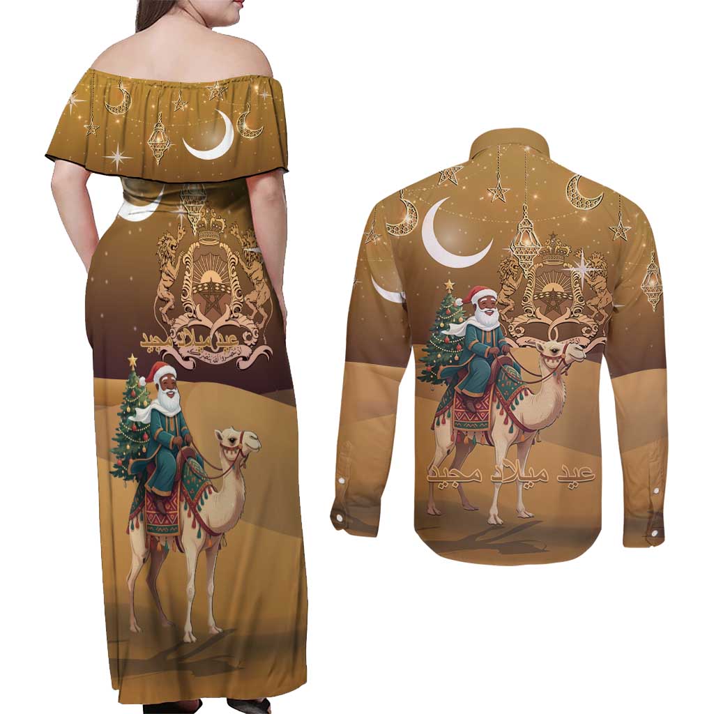 Morocco Christmas in Sahara Couples Matching Off Shoulder Maxi Dress and Long Sleeve Button Shirt Black Santa Riding Camel - Wonder Print Shop