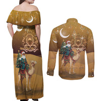 Morocco Christmas in Sahara Couples Matching Off Shoulder Maxi Dress and Long Sleeve Button Shirt Black Santa Riding Camel - Wonder Print Shop