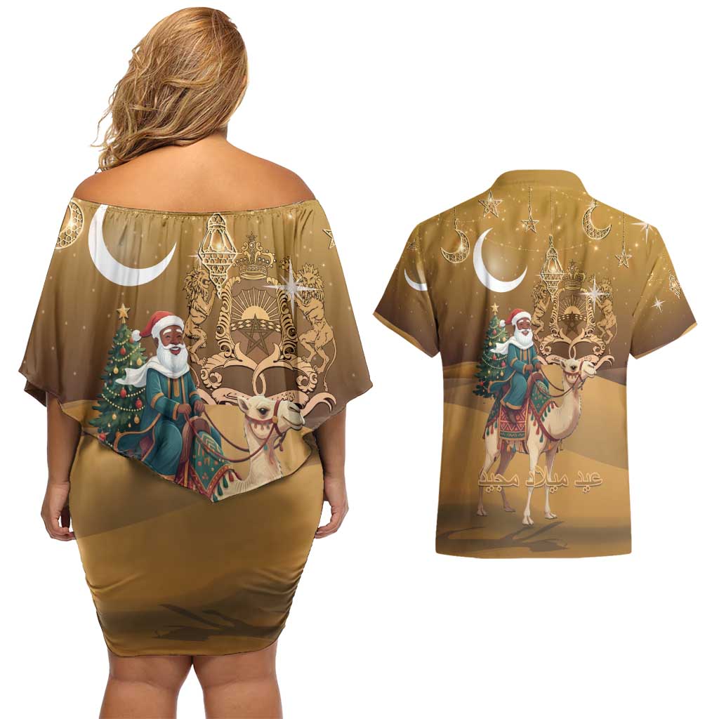 Morocco Christmas in Sahara Couples Matching Off Shoulder Short Dress and Hawaiian Shirt Black Santa Riding Camel - Wonder Print Shop