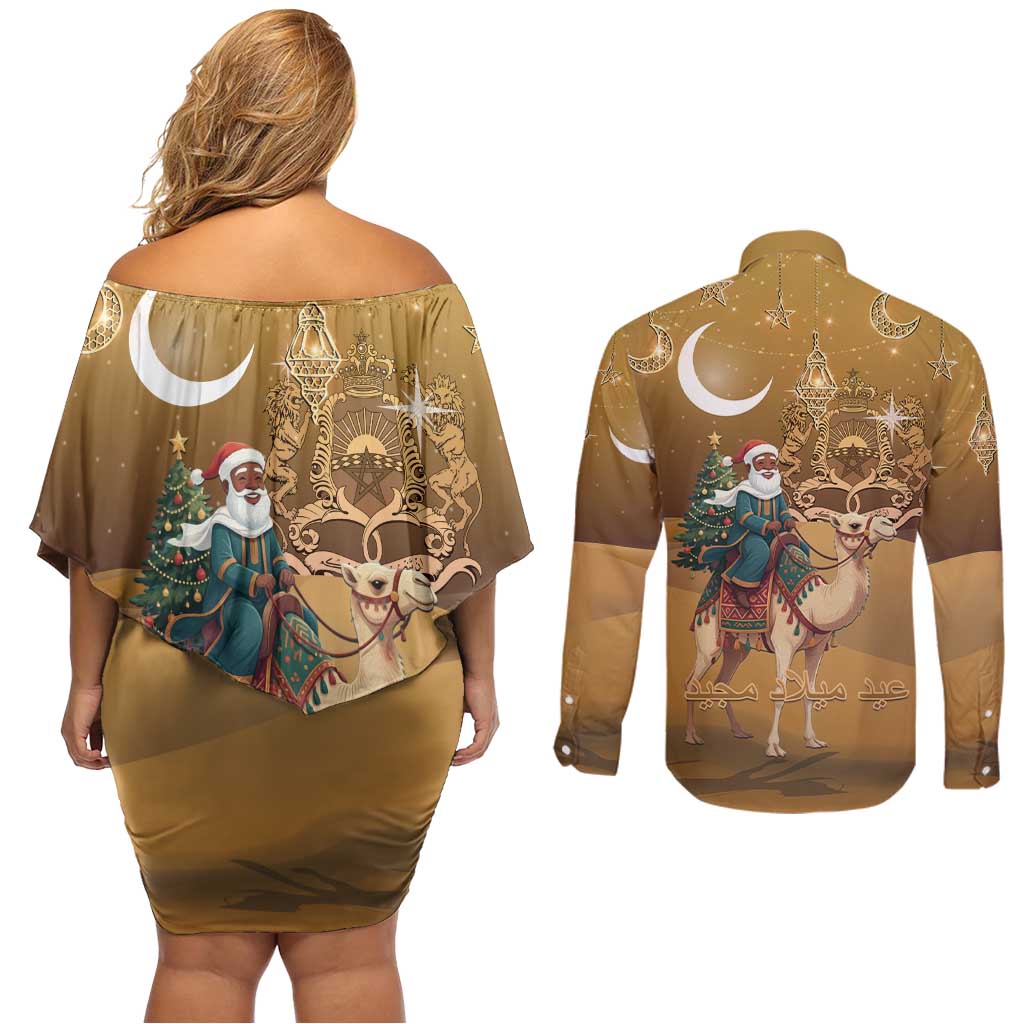 Morocco Christmas in Sahara Couples Matching Off Shoulder Short Dress and Long Sleeve Button Shirt Black Santa Riding Camel - Wonder Print Shop