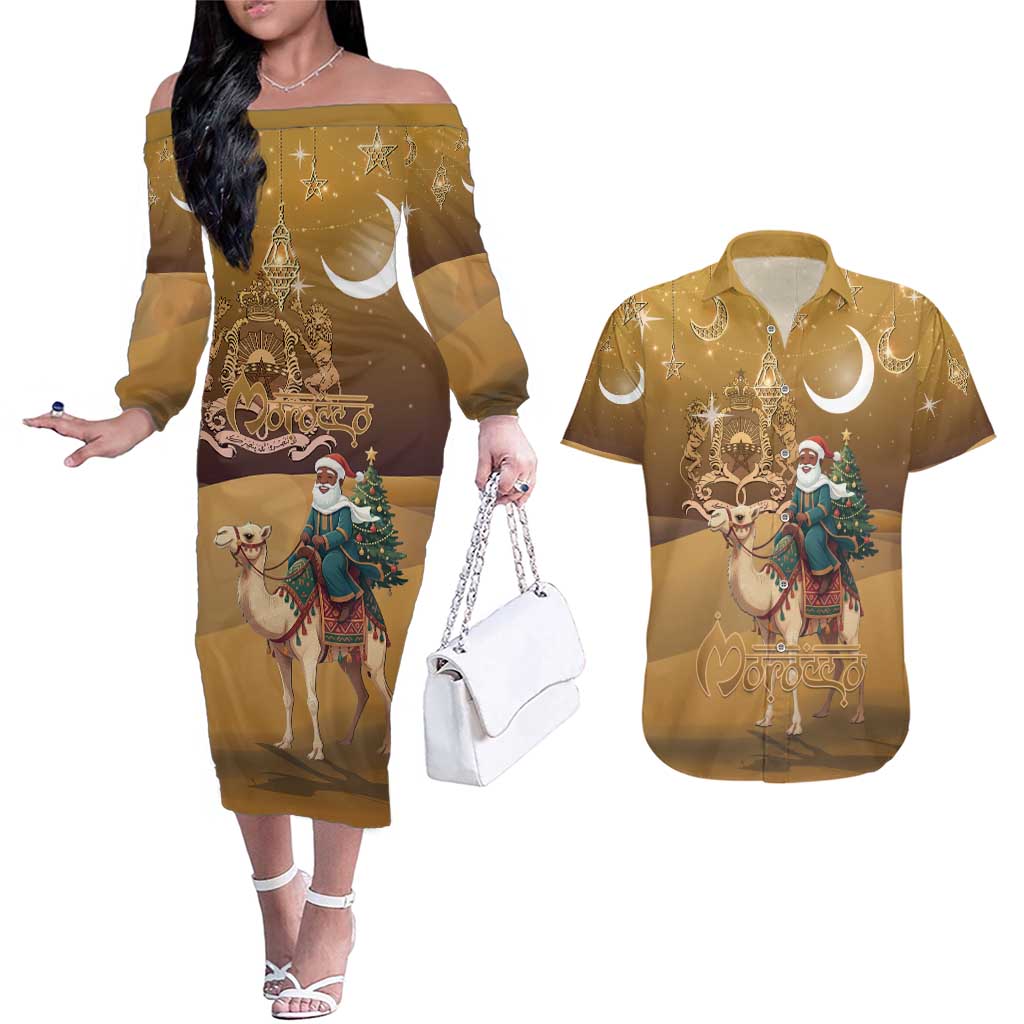 Morocco Christmas in Sahara Couples Matching Off The Shoulder Long Sleeve Dress and Hawaiian Shirt Black Santa Riding Camel - Wonder Print Shop