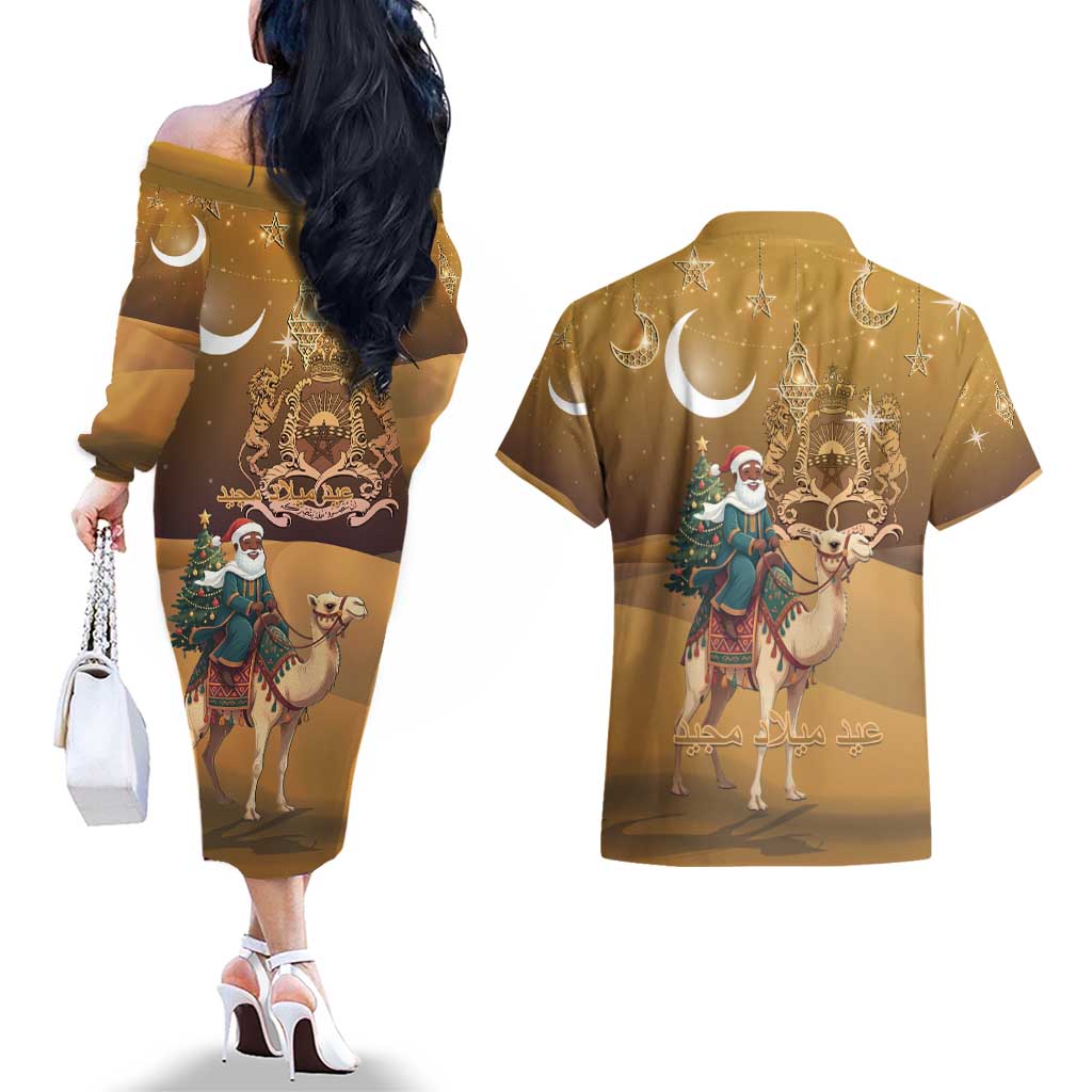 Morocco Christmas in Sahara Couples Matching Off The Shoulder Long Sleeve Dress and Hawaiian Shirt Black Santa Riding Camel - Wonder Print Shop