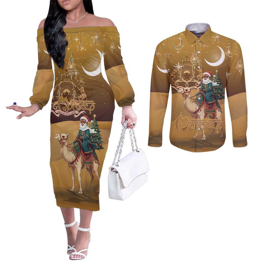 Morocco Christmas in Sahara Couples Matching Off The Shoulder Long Sleeve Dress and Long Sleeve Button Shirt Black Santa Riding Camel - Wonder Print Shop