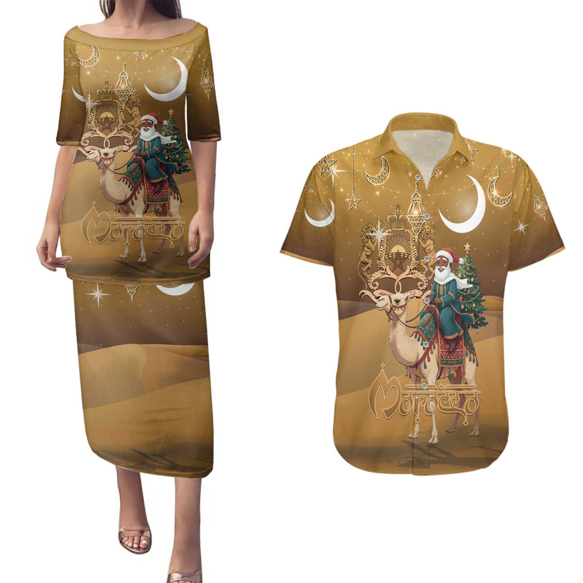 Morocco Christmas in Sahara Couples Matching Puletasi and Hawaiian Shirt Black Santa Riding Camel - Wonder Print Shop