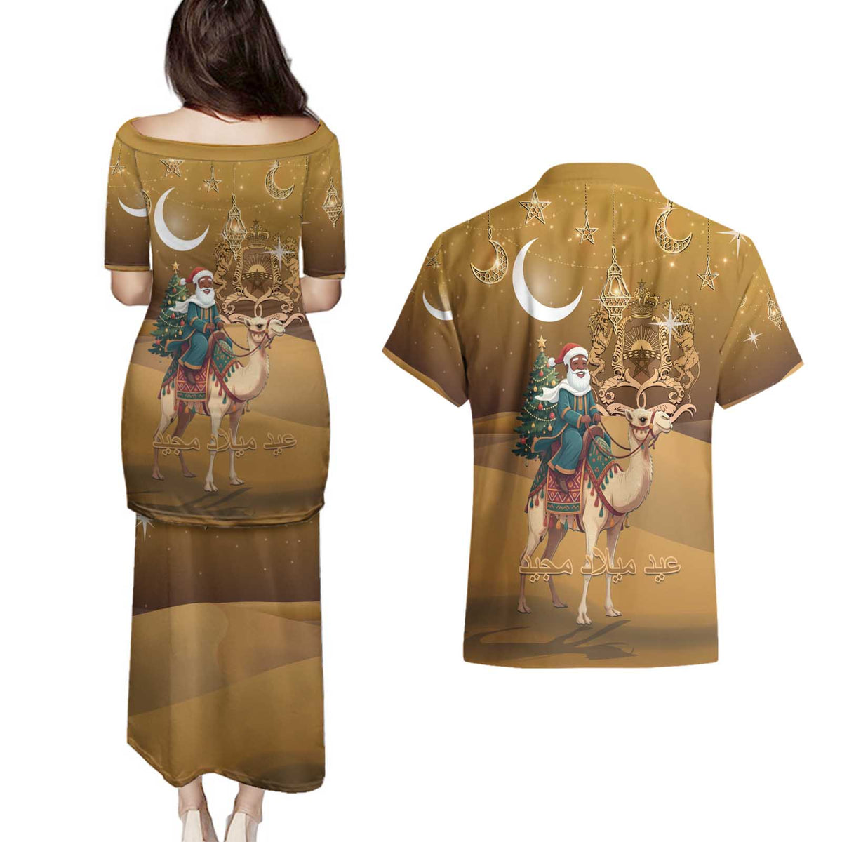 Morocco Christmas in Sahara Couples Matching Puletasi and Hawaiian Shirt Black Santa Riding Camel - Wonder Print Shop
