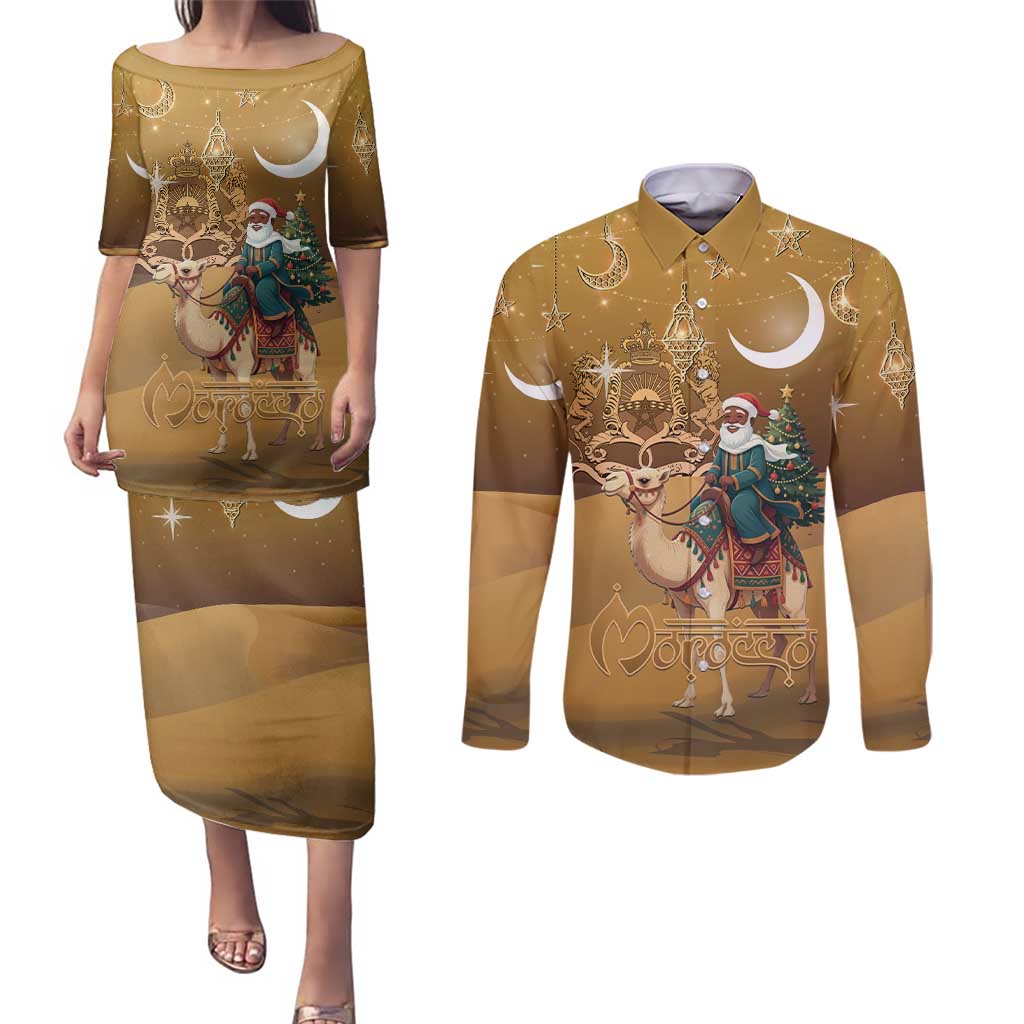 Morocco Christmas in Sahara Couples Matching Puletasi and Long Sleeve Button Shirt Black Santa Riding Camel - Wonder Print Shop