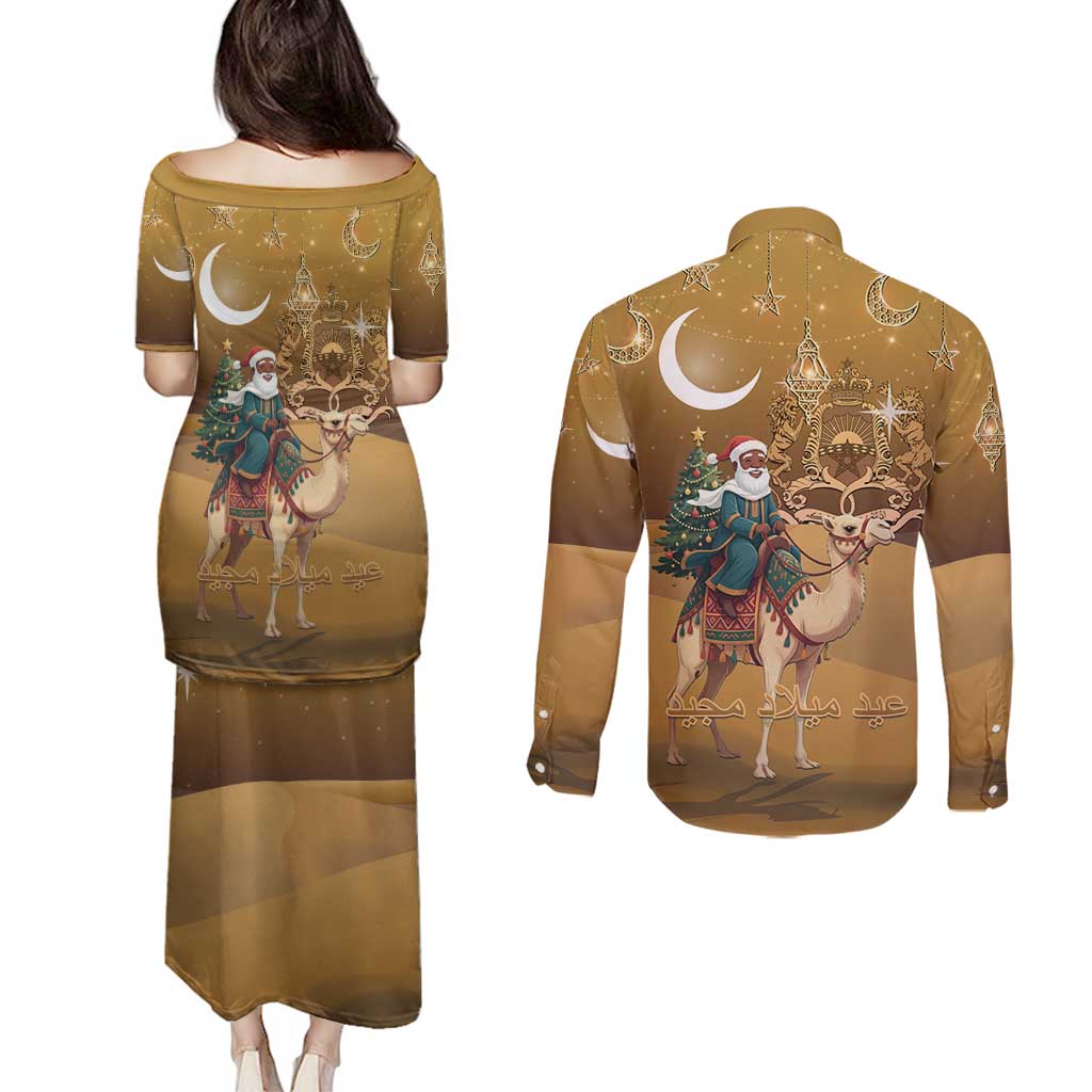 Morocco Christmas in Sahara Couples Matching Puletasi and Long Sleeve Button Shirt Black Santa Riding Camel - Wonder Print Shop