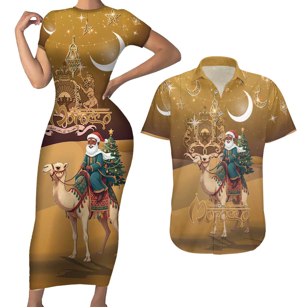 Morocco Christmas in Sahara Couples Matching Short Sleeve Bodycon Dress and Hawaiian Shirt Black Santa Riding Camel - Wonder Print Shop