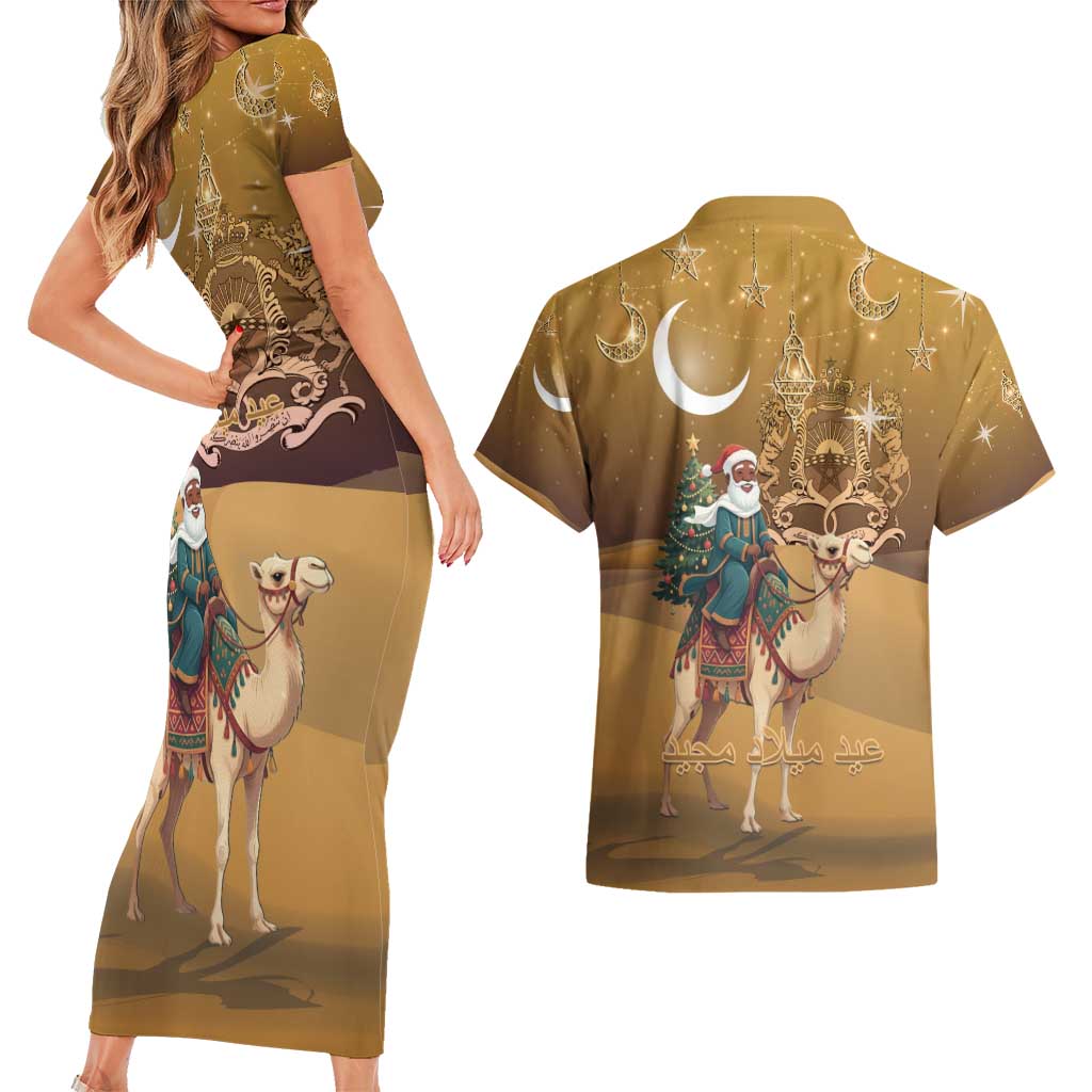 Morocco Christmas in Sahara Couples Matching Short Sleeve Bodycon Dress and Hawaiian Shirt Black Santa Riding Camel - Wonder Print Shop