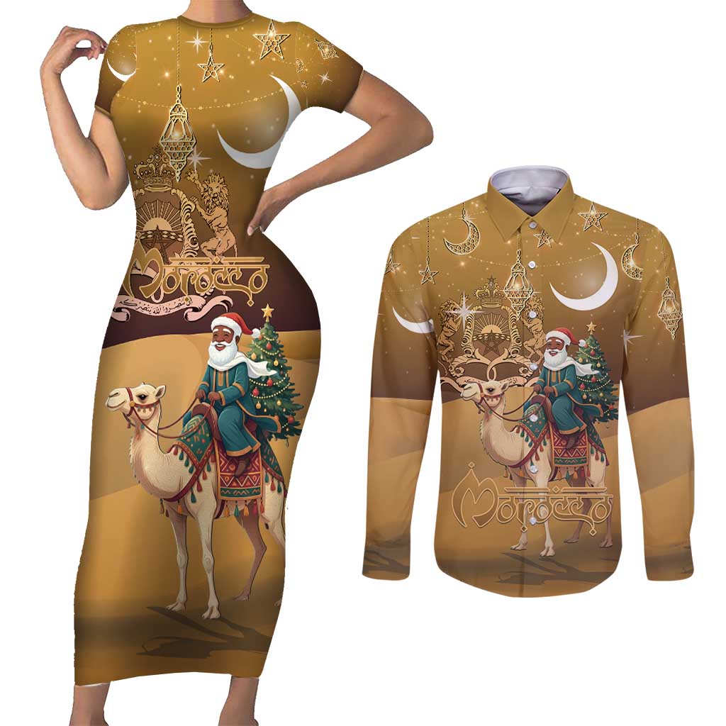 Morocco Christmas in Sahara Couples Matching Short Sleeve Bodycon Dress and Long Sleeve Button Shirt Black Santa Riding Camel - Wonder Print Shop