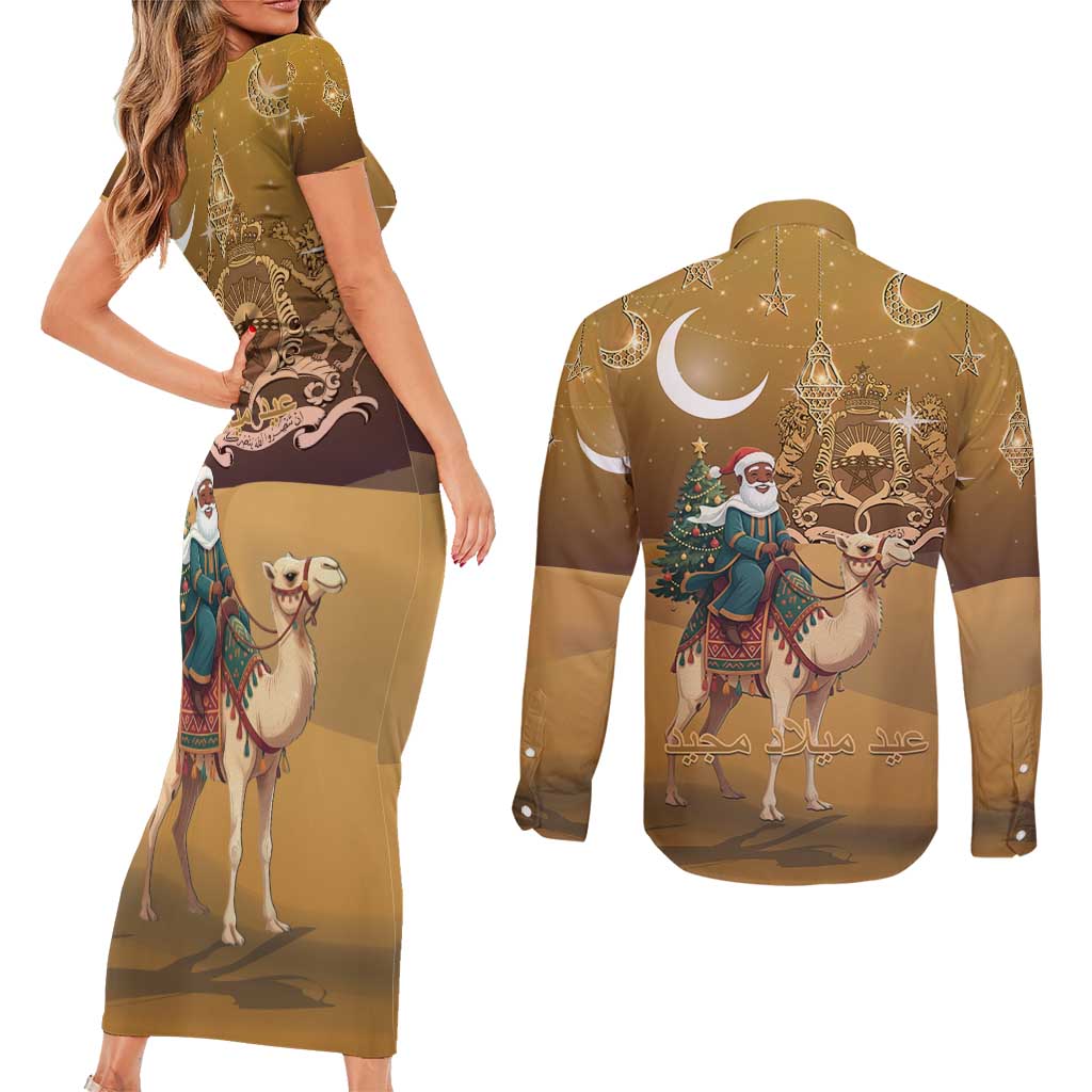 Morocco Christmas in Sahara Couples Matching Short Sleeve Bodycon Dress and Long Sleeve Button Shirt Black Santa Riding Camel - Wonder Print Shop