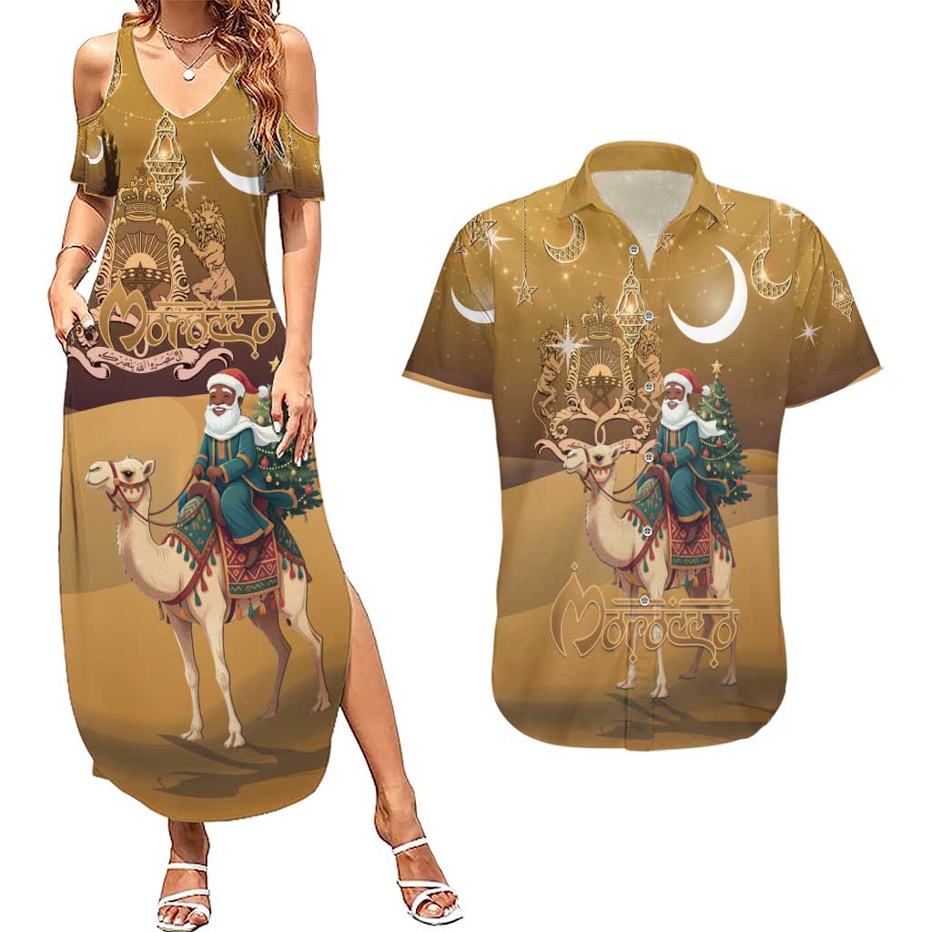 Morocco Christmas in Sahara Couples Matching Summer Maxi Dress and Hawaiian Shirt Black Santa Riding Camel - Wonder Print Shop