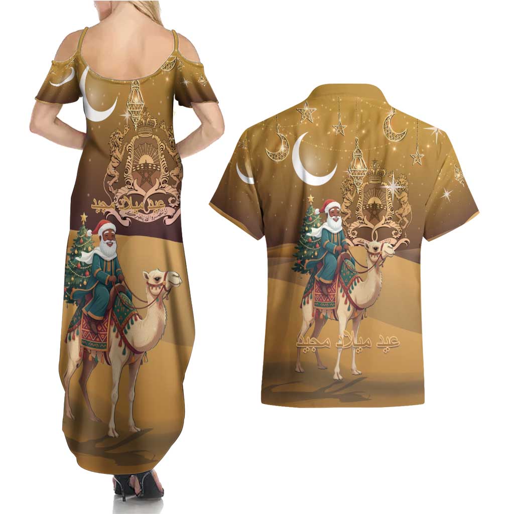 Morocco Christmas in Sahara Couples Matching Summer Maxi Dress and Hawaiian Shirt Black Santa Riding Camel - Wonder Print Shop