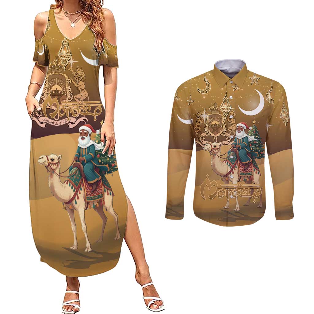 Morocco Christmas in Sahara Couples Matching Summer Maxi Dress and Long Sleeve Button Shirt Black Santa Riding Camel - Wonder Print Shop