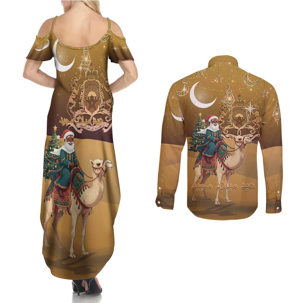 Morocco Christmas in Sahara Couples Matching Summer Maxi Dress and Long Sleeve Button Shirt Black Santa Riding Camel - Wonder Print Shop