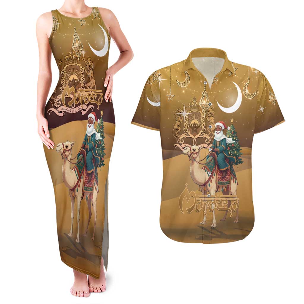 Morocco Christmas in Sahara Couples Matching Tank Maxi Dress and Hawaiian Shirt Black Santa Riding Camel - Wonder Print Shop