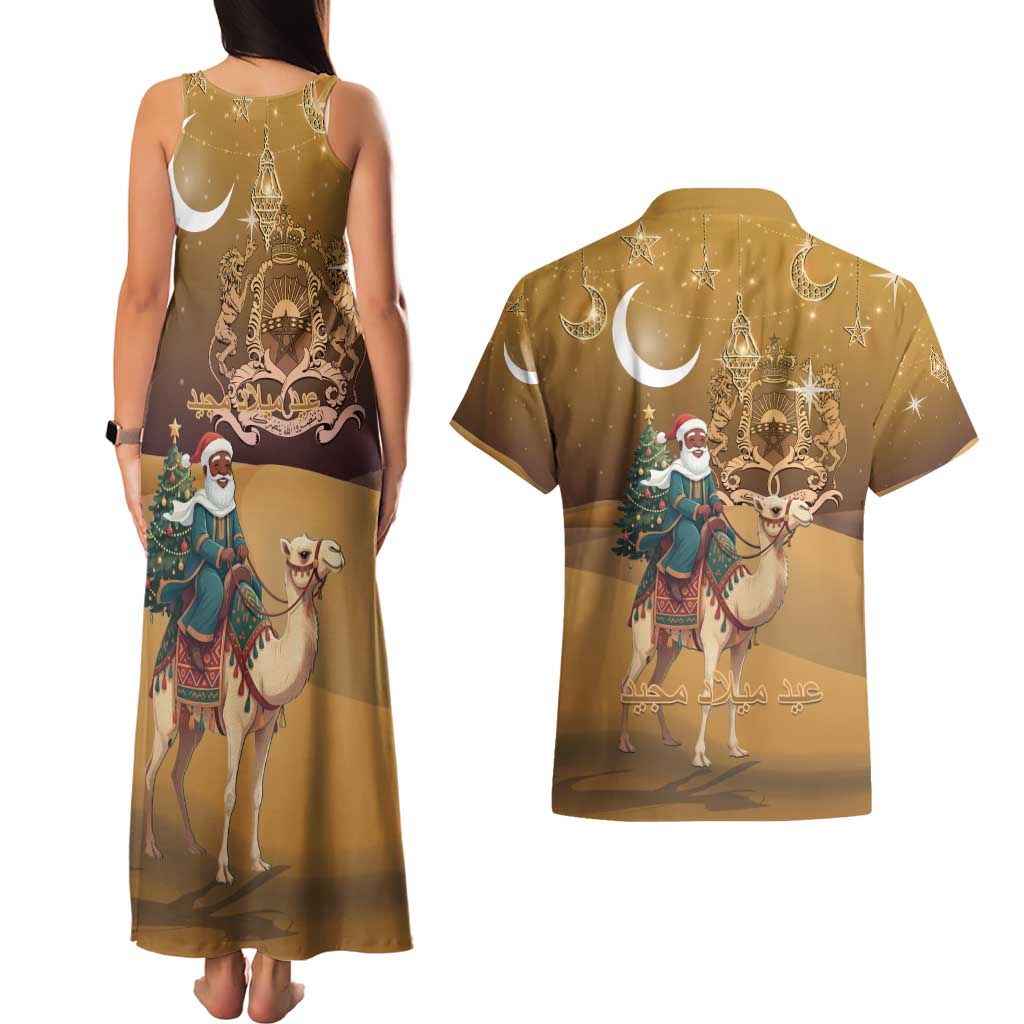 Morocco Christmas in Sahara Couples Matching Tank Maxi Dress and Hawaiian Shirt Black Santa Riding Camel - Wonder Print Shop