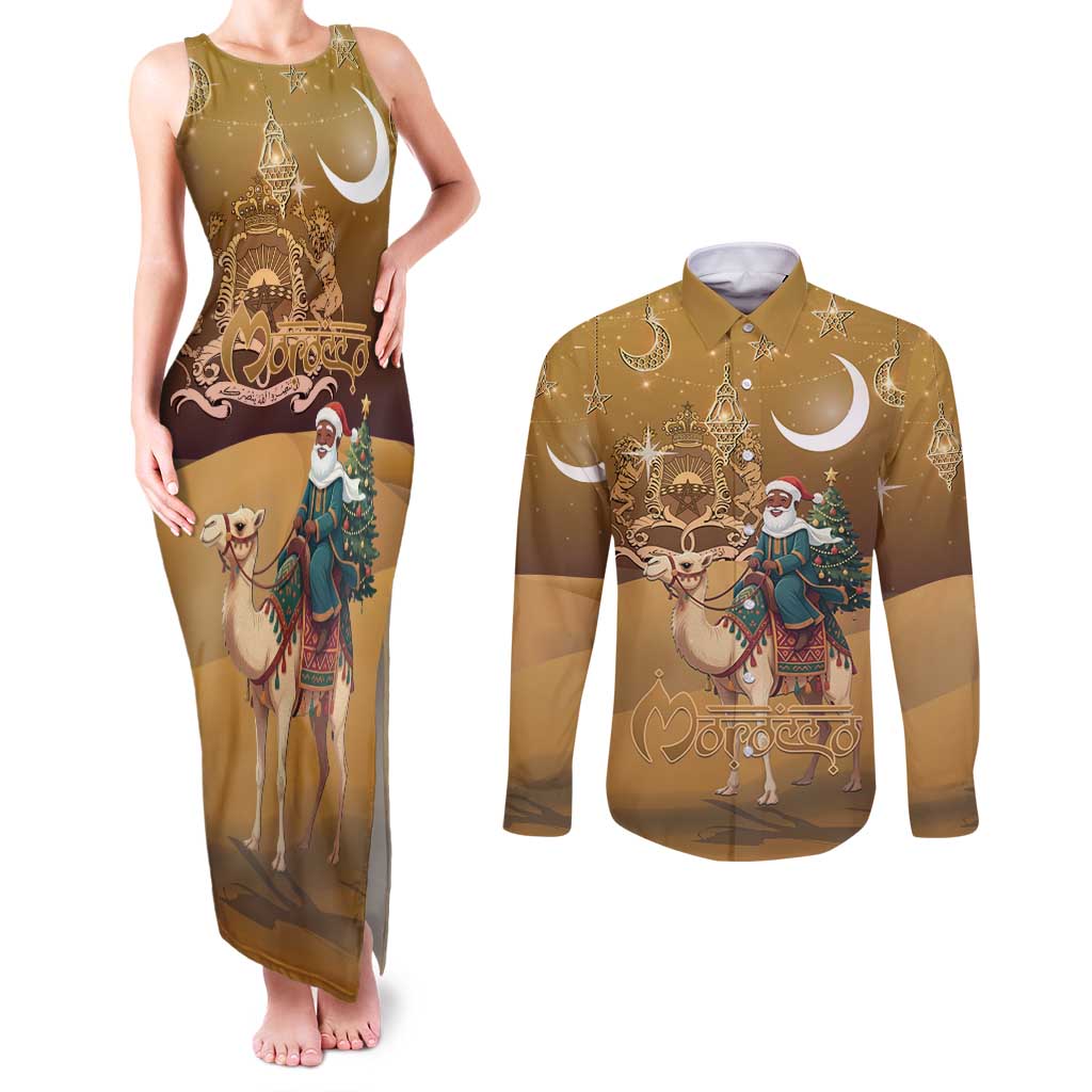 Morocco Christmas in Sahara Couples Matching Tank Maxi Dress and Long Sleeve Button Shirt Black Santa Riding Camel - Wonder Print Shop