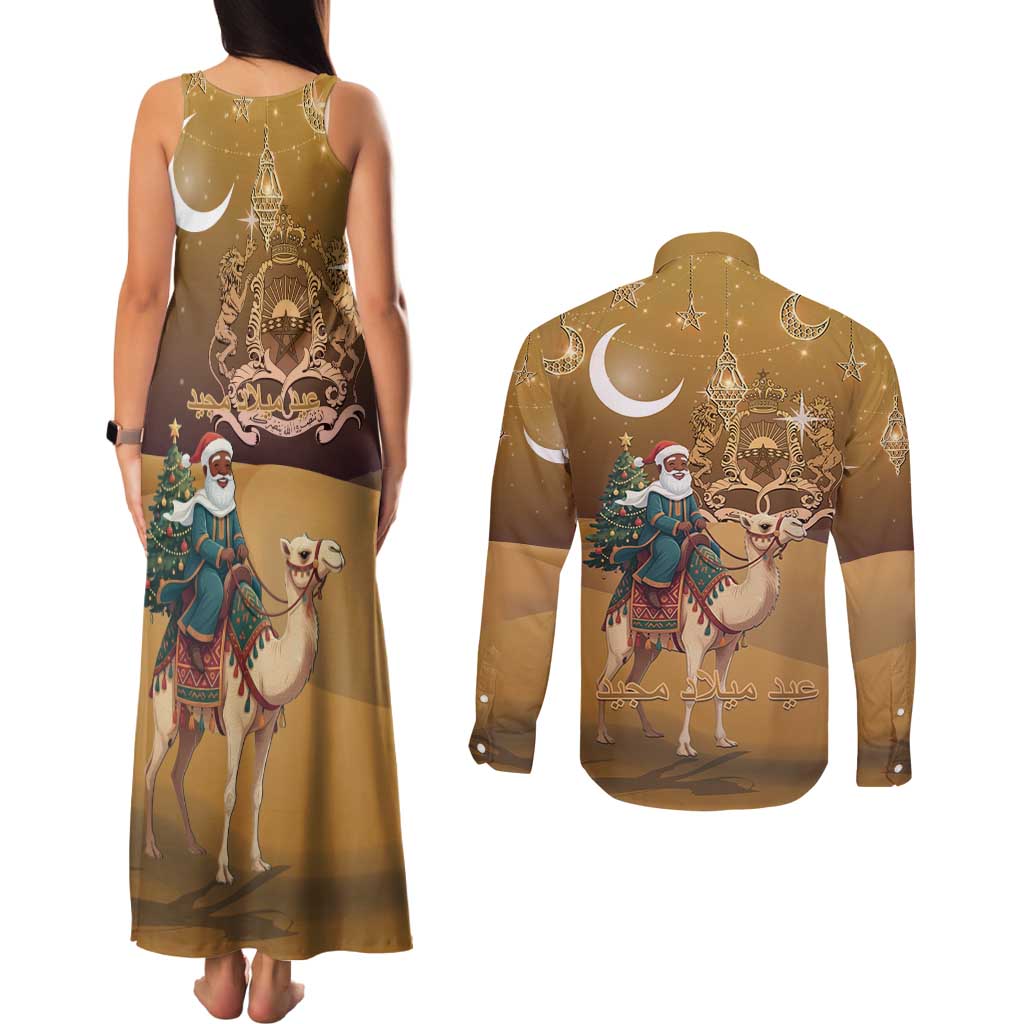 Morocco Christmas in Sahara Couples Matching Tank Maxi Dress and Long Sleeve Button Shirt Black Santa Riding Camel - Wonder Print Shop