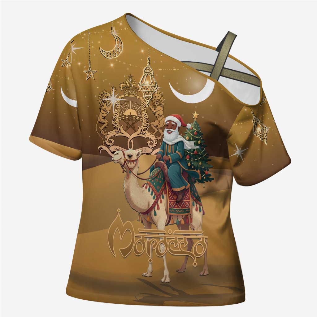 Morocco Christmas in Sahara Cross Shoulder Shirt Black Santa Riding Camel - Wonder Print Shop