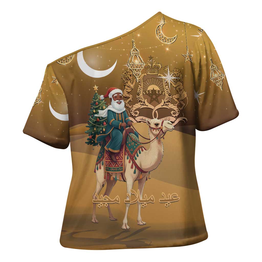 Morocco Christmas in Sahara Cross Shoulder Shirt Black Santa Riding Camel - Wonder Print Shop