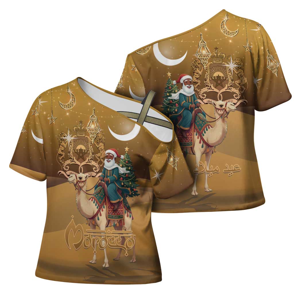 Morocco Christmas in Sahara Cross Shoulder Shirt Black Santa Riding Camel - Wonder Print Shop