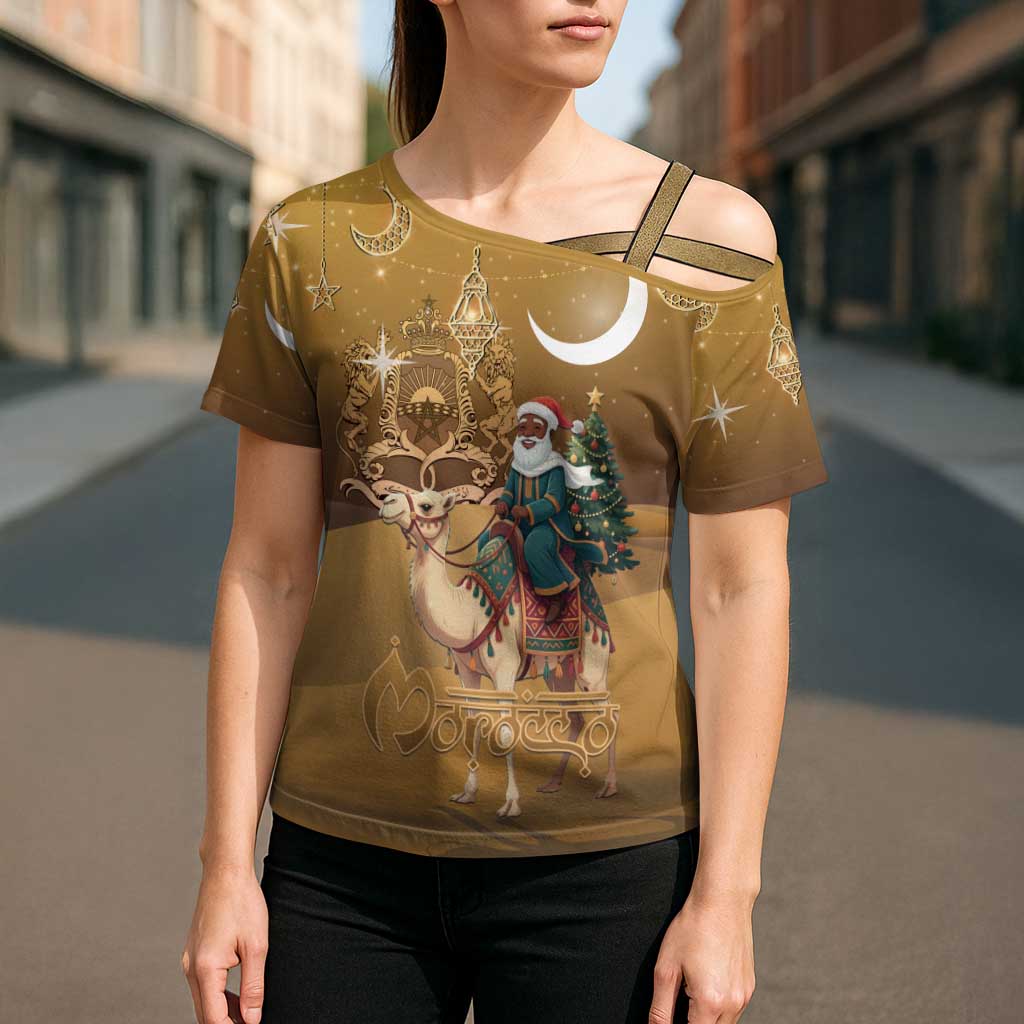 Morocco Christmas in Sahara Cross Shoulder Shirt Black Santa Riding Camel - Wonder Print Shop