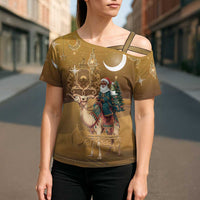 Morocco Christmas in Sahara Cross Shoulder Shirt Black Santa Riding Camel - Wonder Print Shop
