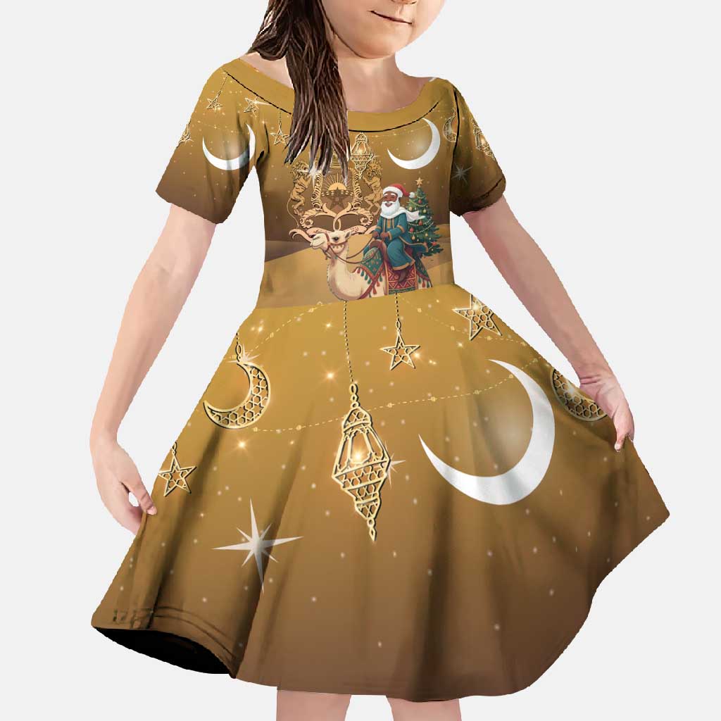 Morocco Christmas in Sahara Family Matching Long Sleeve Bodycon Dress and Hawaiian Shirt Black Santa Riding Camel - Wonder Print Shop