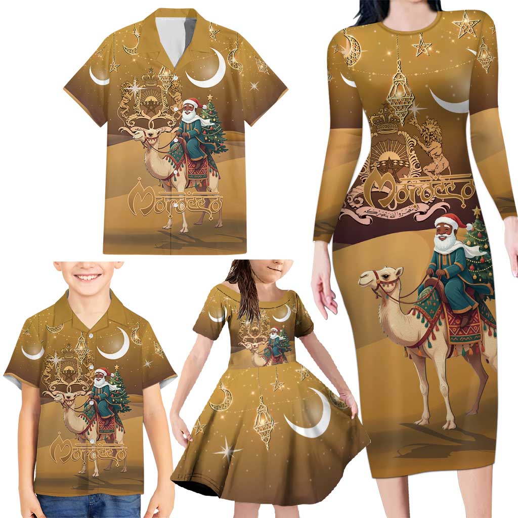 Morocco Christmas in Sahara Family Matching Long Sleeve Bodycon Dress and Hawaiian Shirt Black Santa Riding Camel - Wonder Print Shop